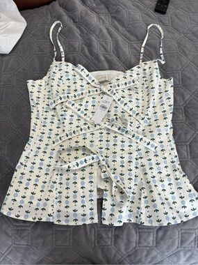 LOFT Cream Spaghetti Strap Tie-Front Floral Camisole